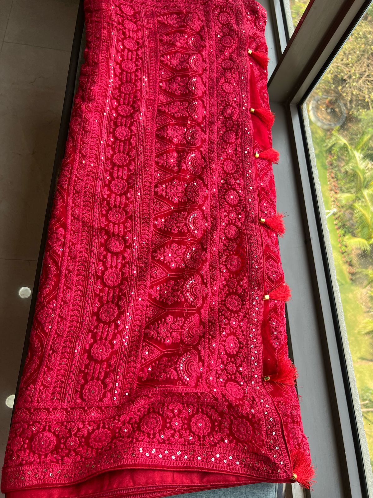 Red Chikankari saree Indian saree blouse Gorgette sari