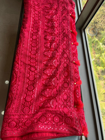 Red Chikankari saree Indian saree blouse Gorgette sari