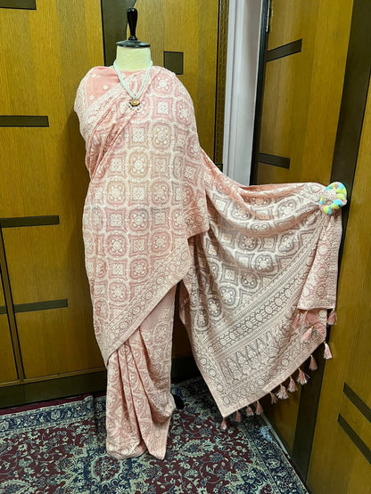 Peach Chikankari Georgette Sarees Indian Pakistani Traditional Sari