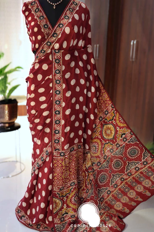 Polka dot saree ajrakh pallu sari blouse women clothing