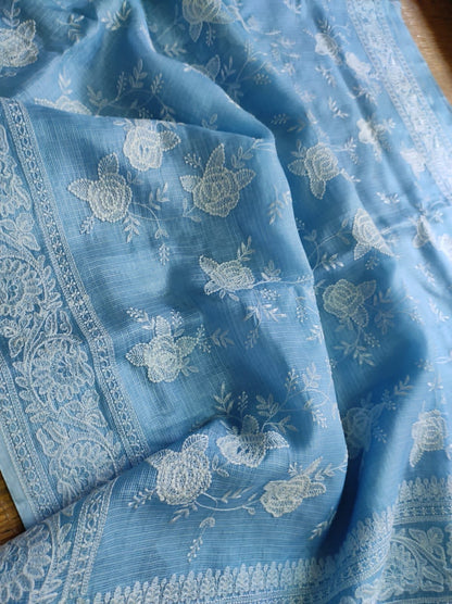 Tussar Chikankari Embroidery Kora Silk Saree