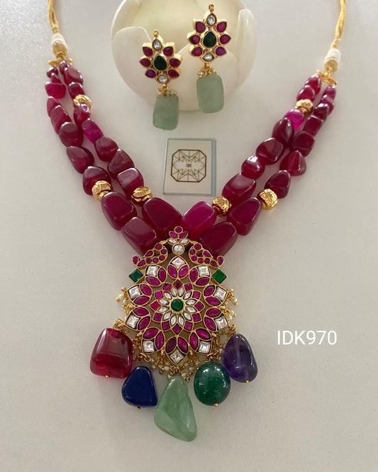 Ruby round beaded kundan necklace set