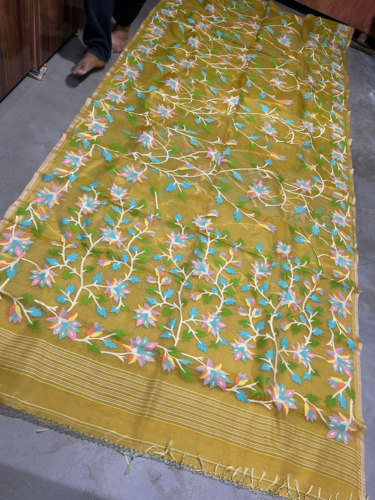 Yellow Muslin Tantuj Jamdani Saree Women Sari