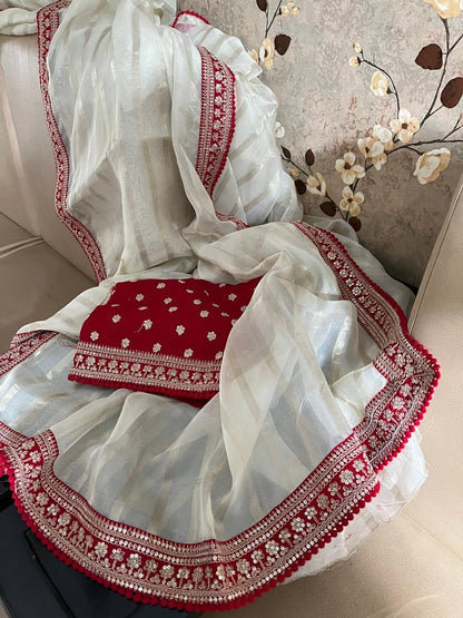 White organza weaved saree women saree blouse trendy sari