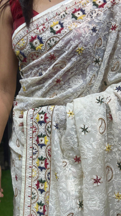 White Chikankari saree Gorgette sari blouse Indian sarees wom clothing