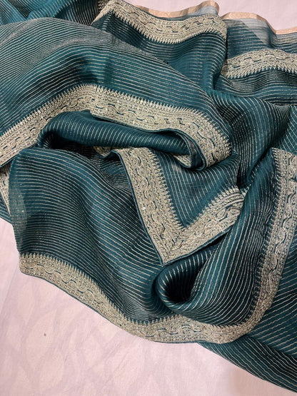 Ajrakh inspired Organza saree Striped Saree Partywear Sari