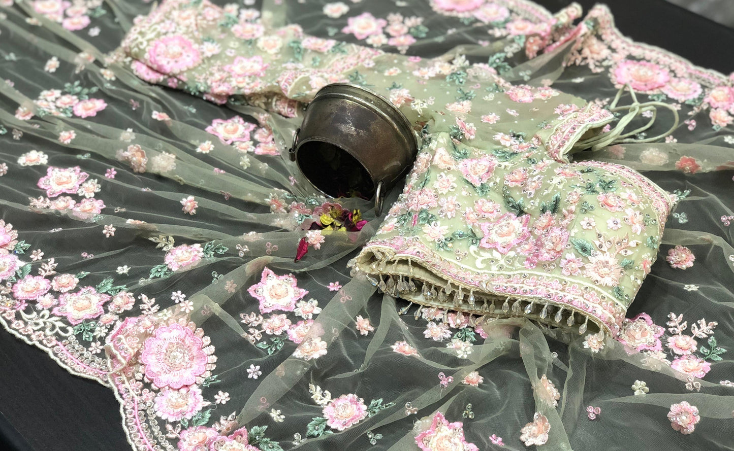 Designer inspired saree net saree floral heavy embroidery sarees blouse