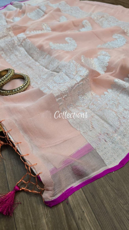 Peach banarsi chiffon saree handwoven sari blouse