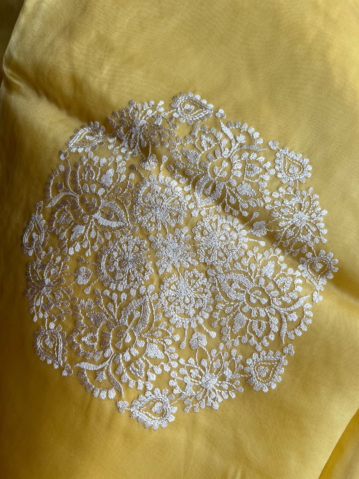 Yellow organza saree threadwork sari