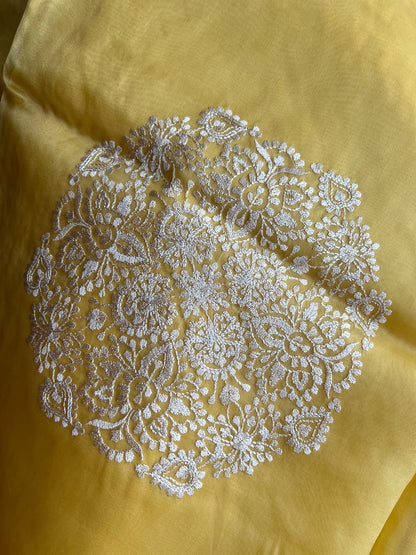 Yellow organza saree threadwork sari