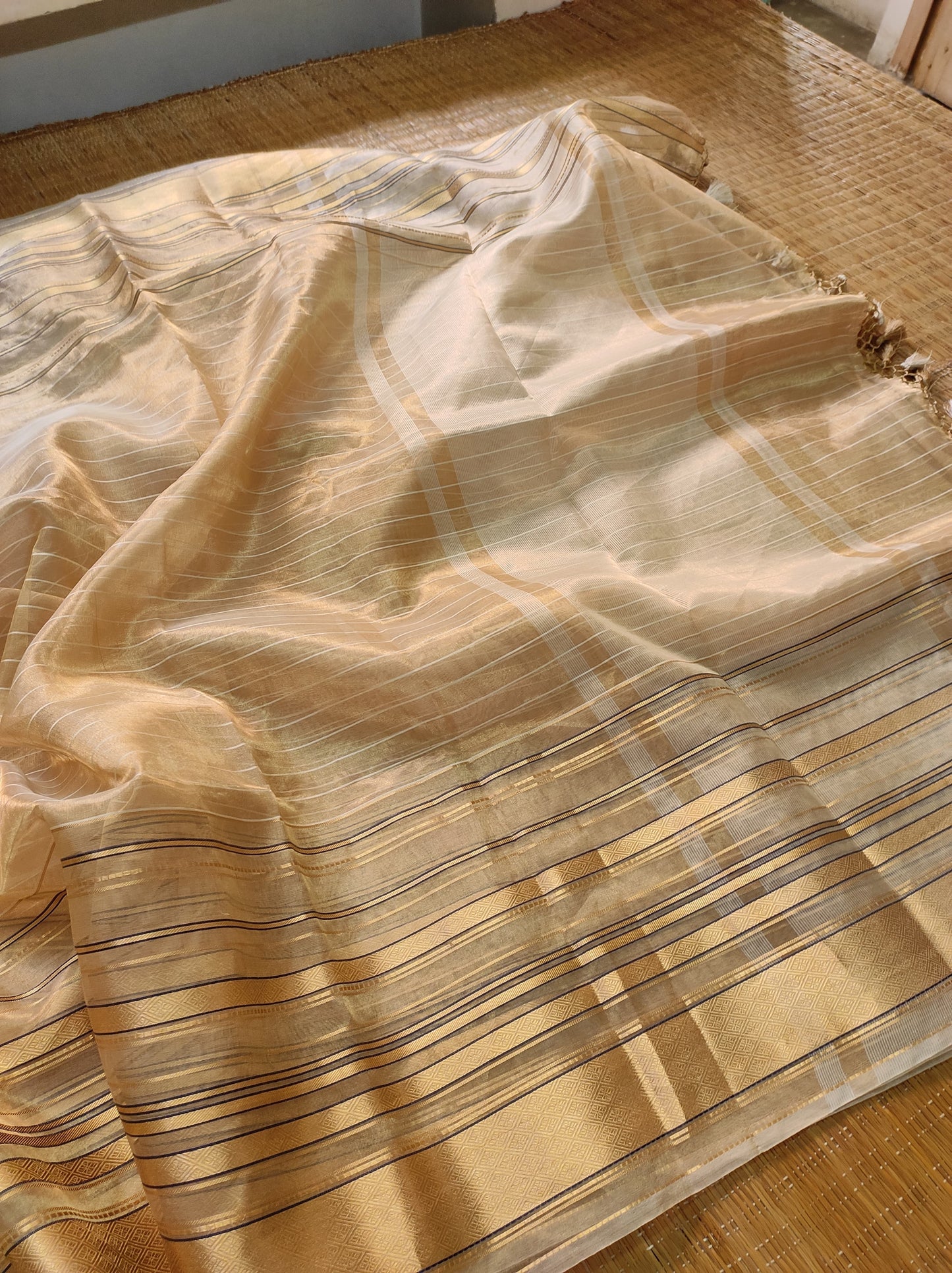 Tissue silk Striped Saree Organza Tassel Saree