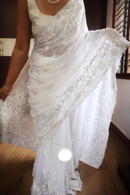 White parsi inspired sarees chinkari saree