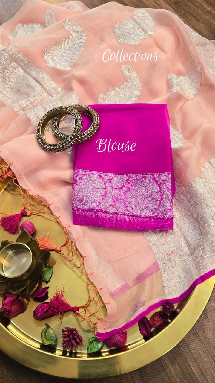 Peach banarsi chiffon saree handwoven sari blouse