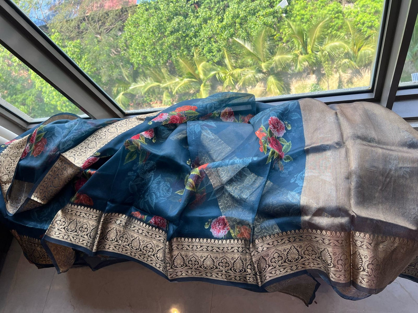 Rashmika organza saree floral saree bordered sari