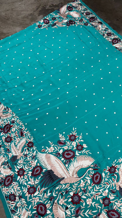 Crepe Parsi saree handmade Parsi Gara sari blouse