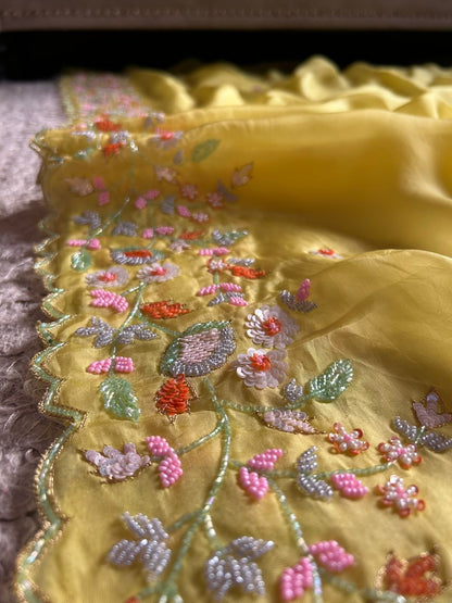 Yellow Embroidered Sarin Organza Silk Sarees