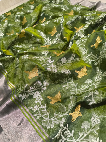 Green Chanderi saree pattu silk saree handmade sari blouse