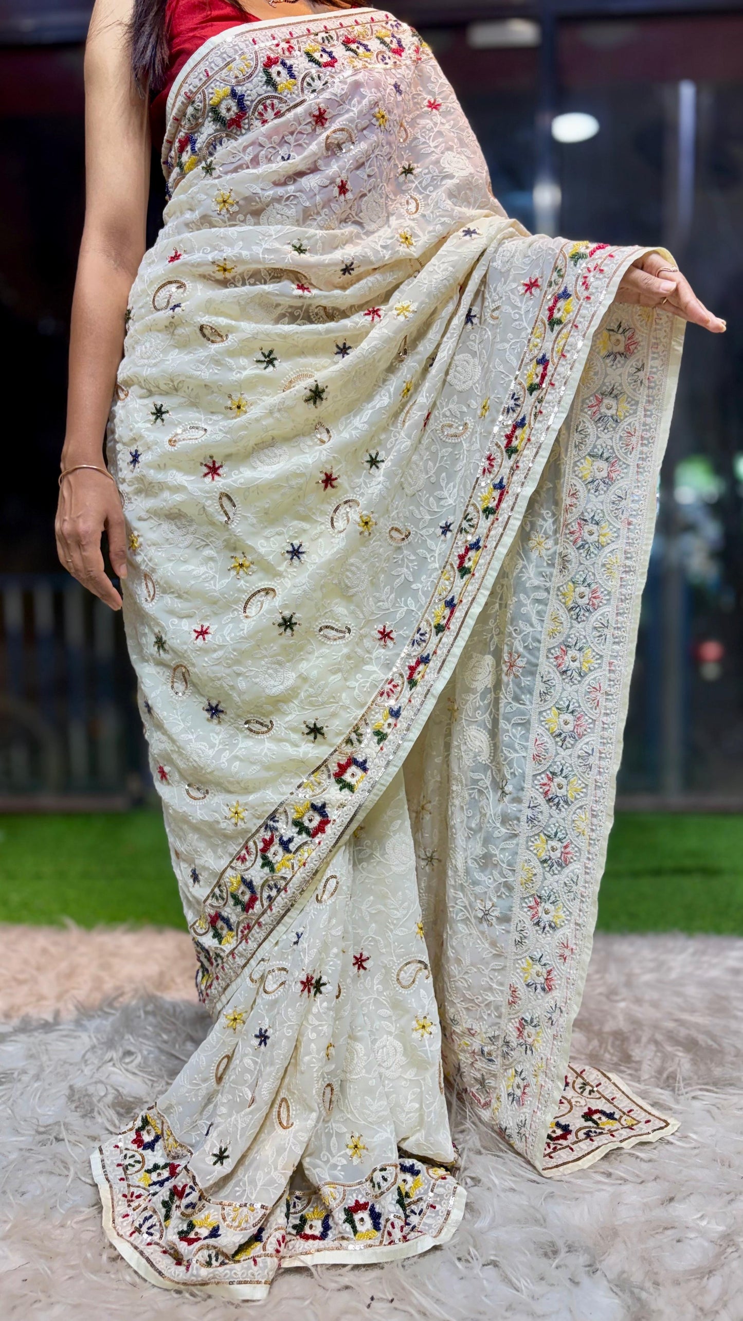 White Chikankari saree Gorgette sari blouse Indian sarees wom clothing