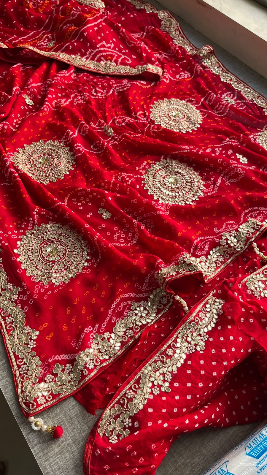 Bridal crepe bandhej saree zardosi sarees blouse