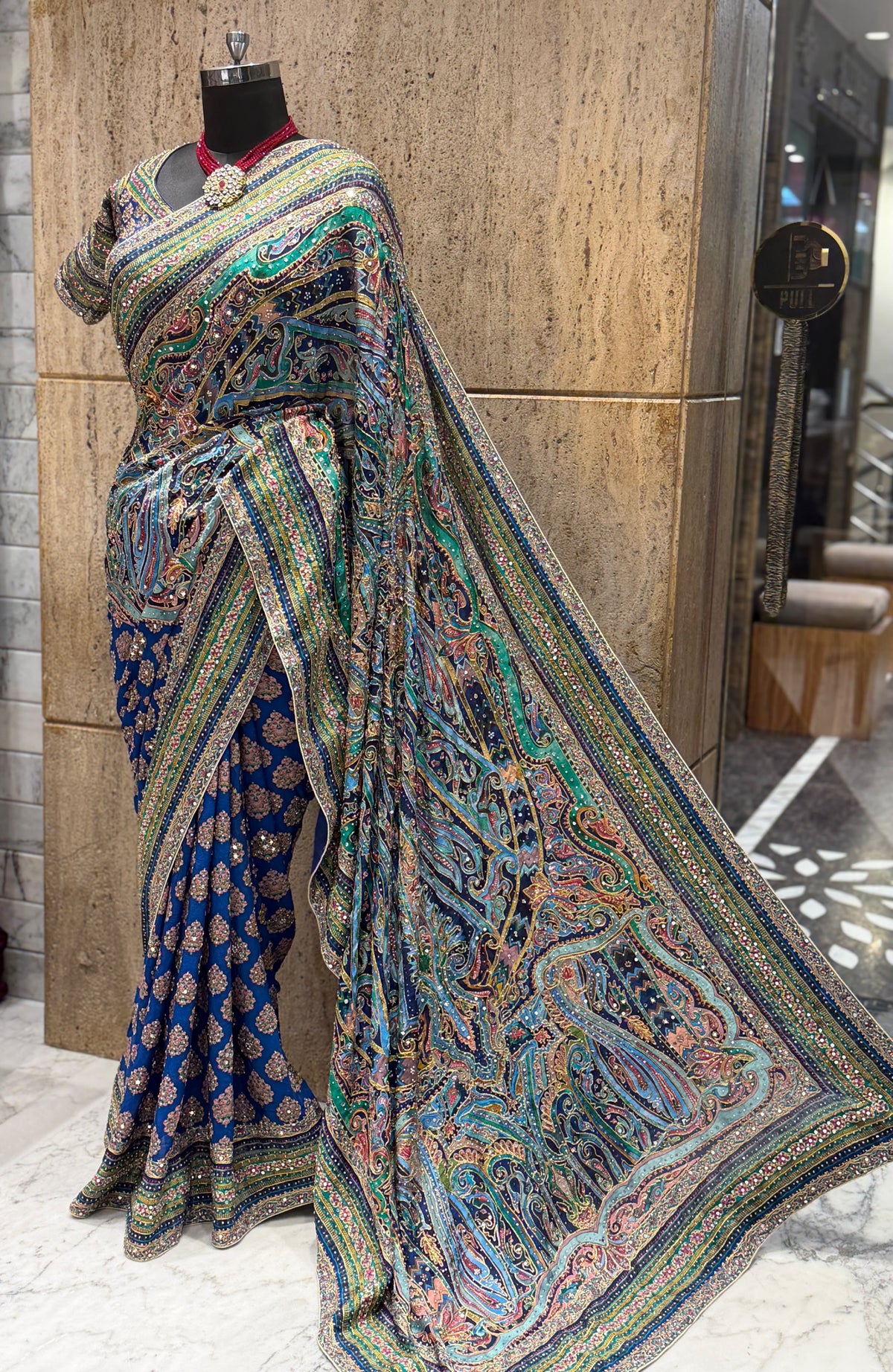 Ajrakh crepe saree Chinon sarees Partywear sari with stitched blouse