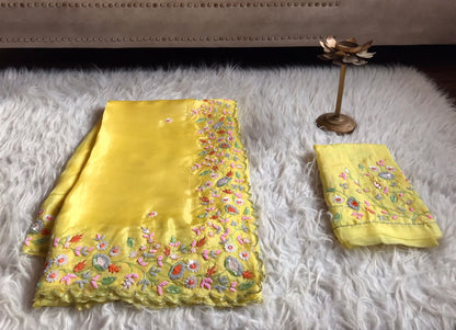 Yellow Embroidered Sarin Organza Silk Sarees