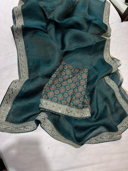 Ajrakh inspired Organza saree Striped Saree Partywear Sari