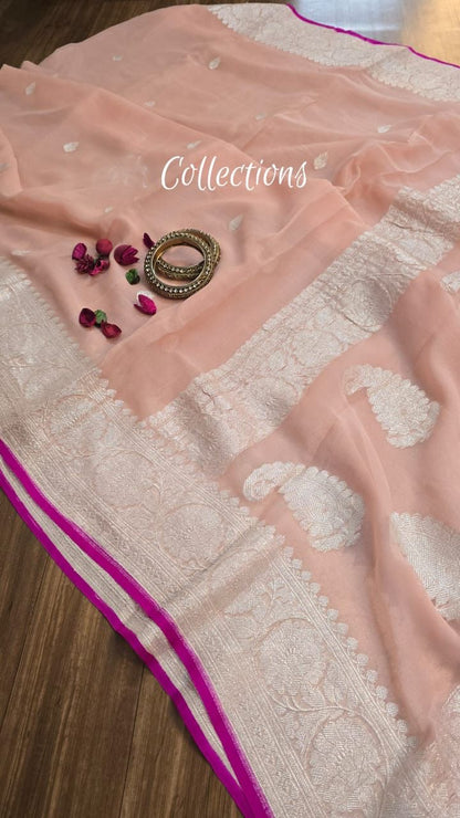 Peach banarsi chiffon saree handwoven sari blouse
