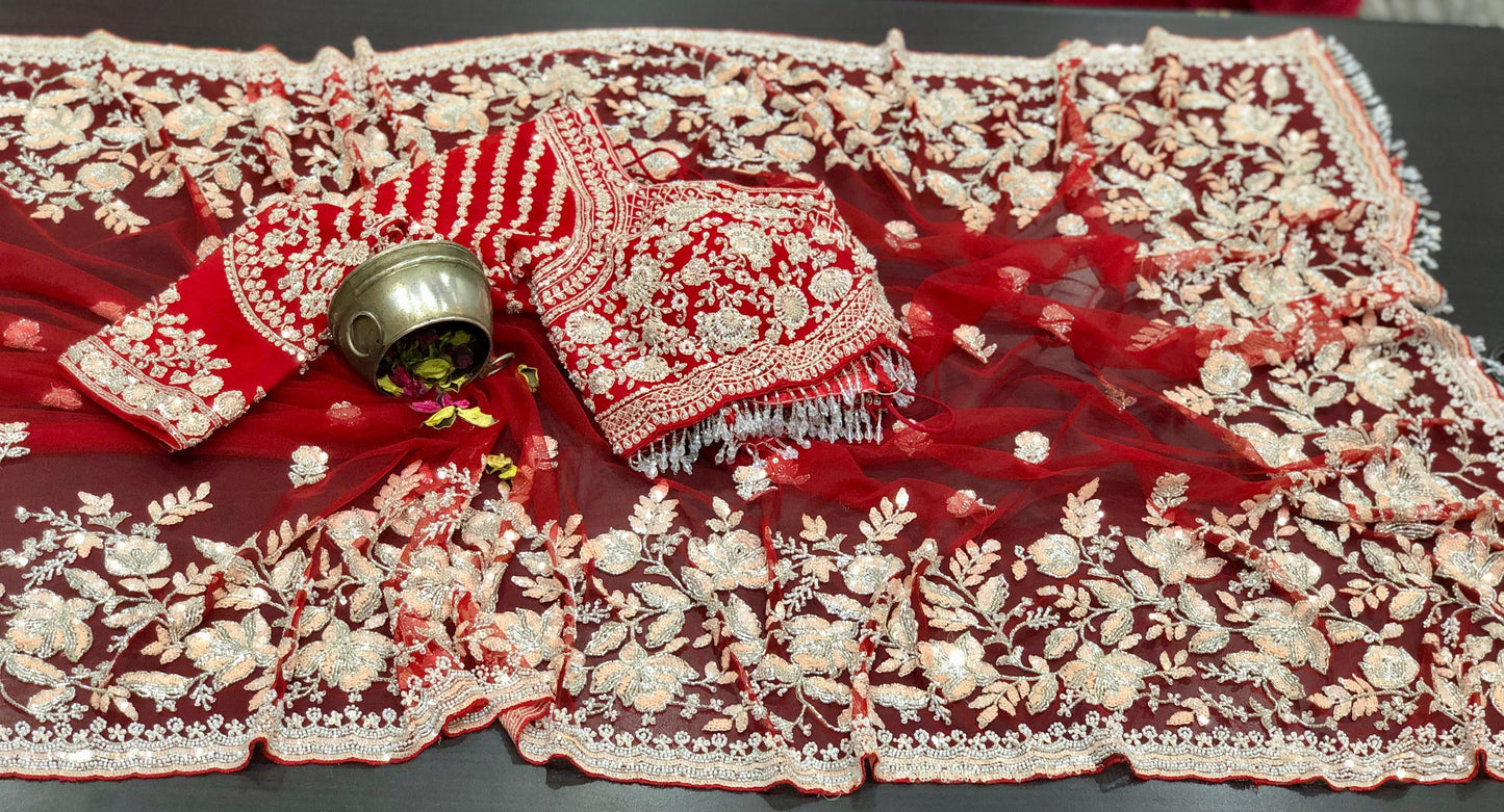 Net designer saree Indian wedding sari blouse women sarees