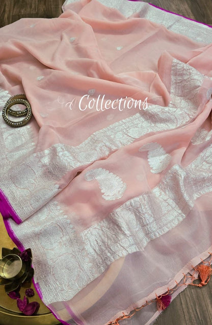 Peach banarsi chiffon saree handwoven sari blouse