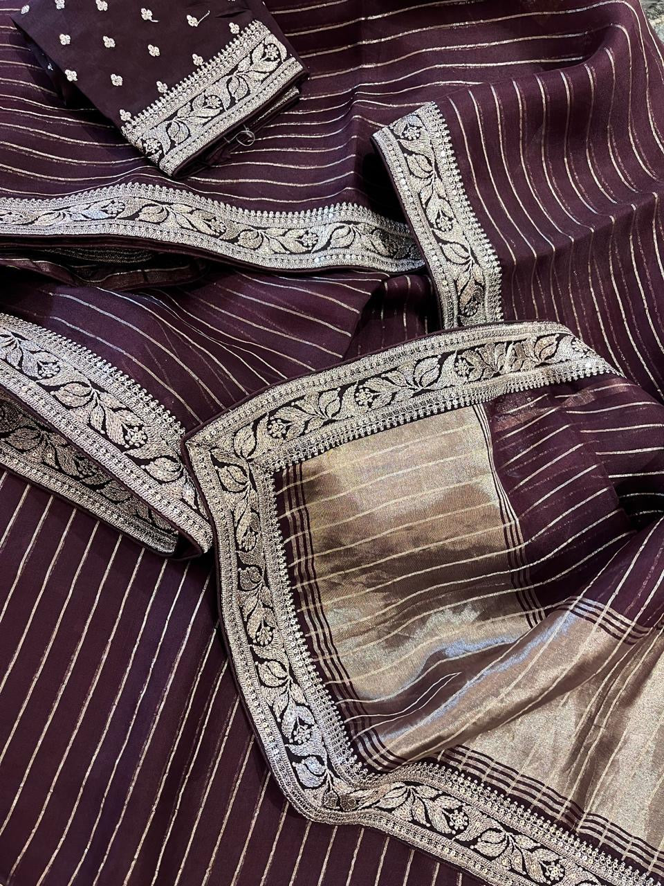 Vanisha organza saree striped saree Partywear sari blouse