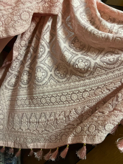 Peach Chikankari Georgette Sarees Indian Pakistani Traditional Sari
