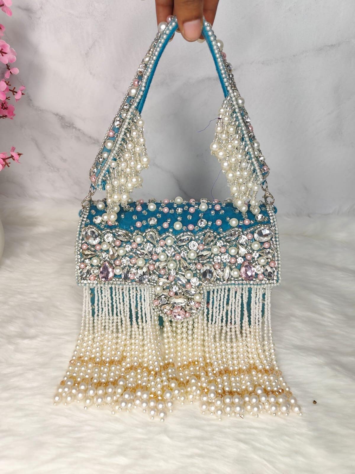 Crystal pearl beaded Flap Clutch