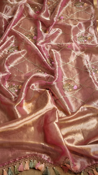 Pink silk organza tissue beautiful Banarsi sarees