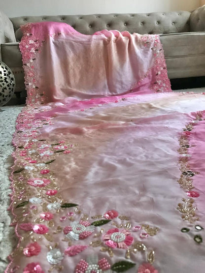 Premium ombre satin organza silk saree women sari blouse