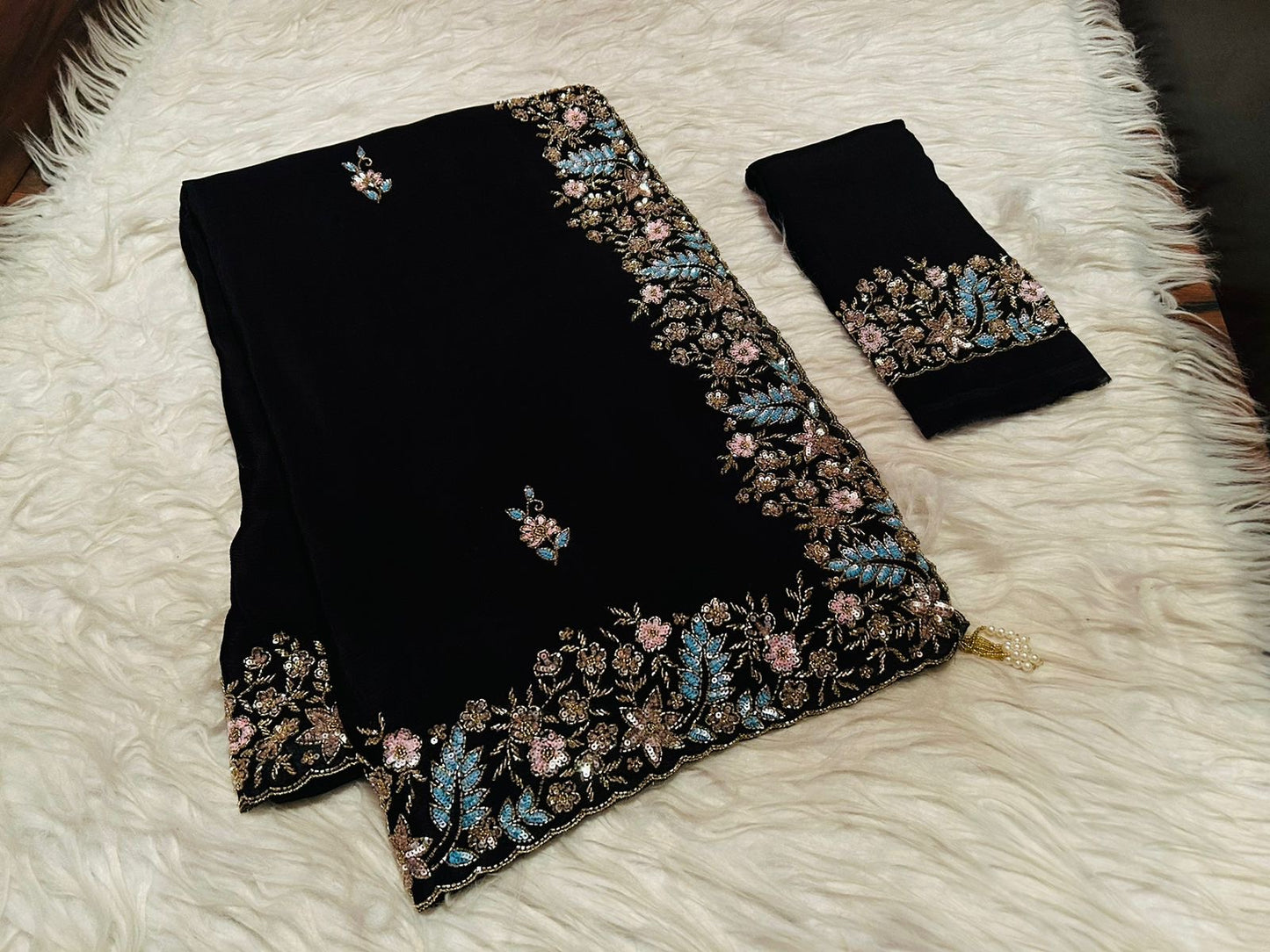 Black Luxury Premium Saree Embroidery Partywear Sarees
