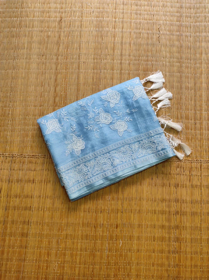 Tussar Chikankari Embroidery Kora Silk Saree