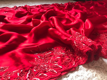 Red Satin Luxury premium Organza sarees