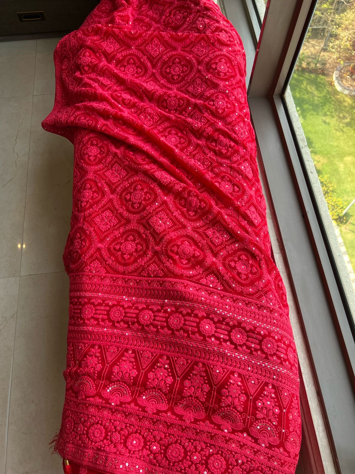 Red Chikankari saree Indian saree blouse Gorgette sari