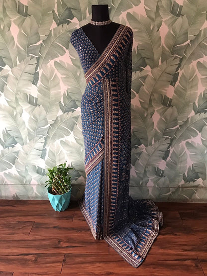 Handmade gorgette silk saree embroidered sarees Indian sari blouse