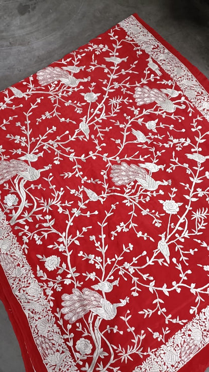 Red Bold Parsi Gara Saree Crepe Saree Indian Sari