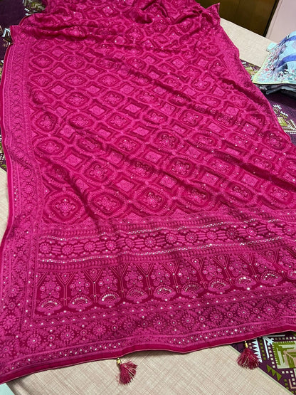 Hot Pink Chikankari Saree Georgette Saree Women Chikankari Sari