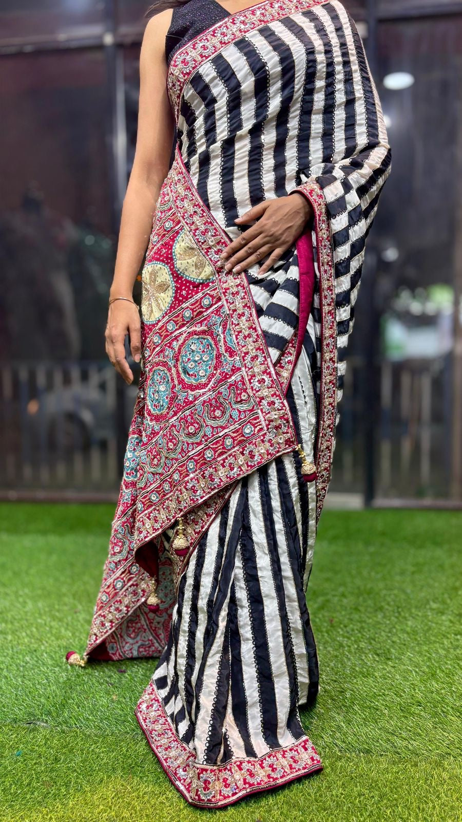 Ajrakh saree hand embroidery saree beautiful sari blouse