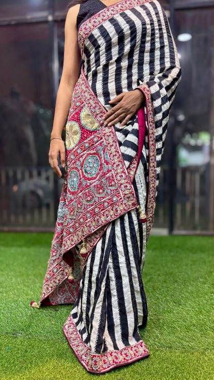 Ajrakh saree hand embroidery saree beautiful sari blouse
