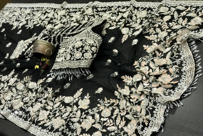 Net designer saree Indian wedding sari blouse women sarees