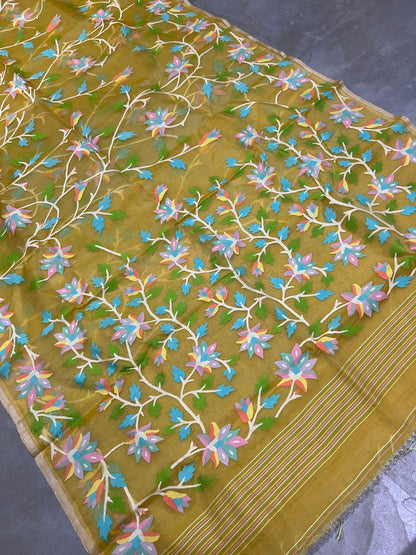 Yellow Muslin Tantuj Jamdani Saree Women Sari