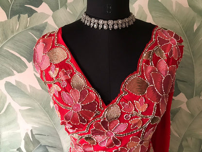 Red premium saree organza saree floral sari blouse women sarees