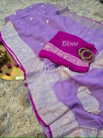 Lavender Banarsi saree chiffon saree Khaddi gorgette chiffon sari blouse