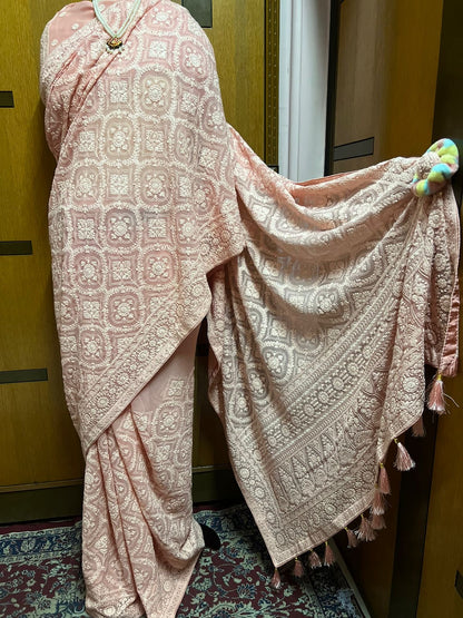 Peach Chikankari Georgette Sarees Indian Pakistani Traditional Sari