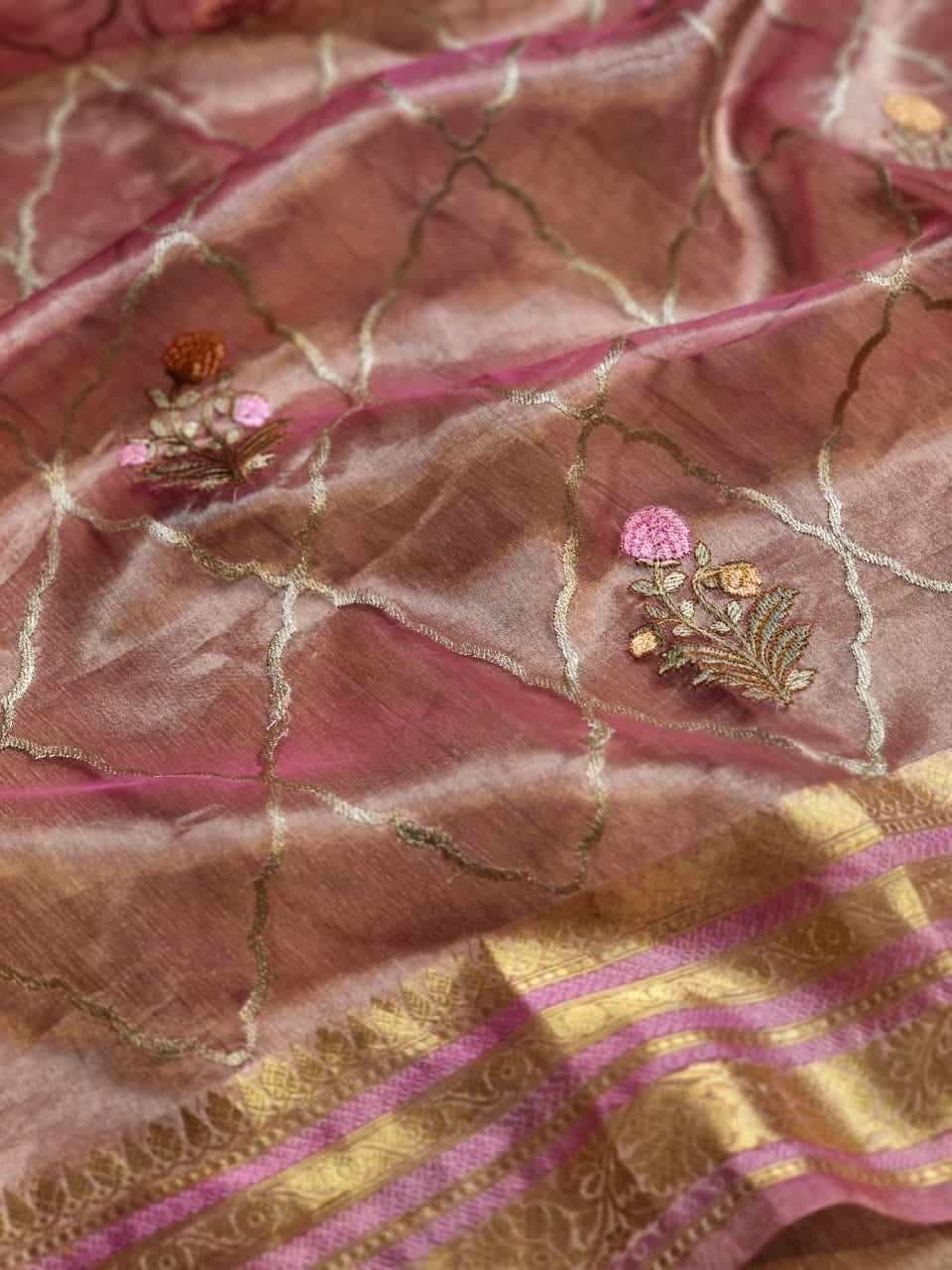 Pink silk organza tissue beautiful Banarsi sarees