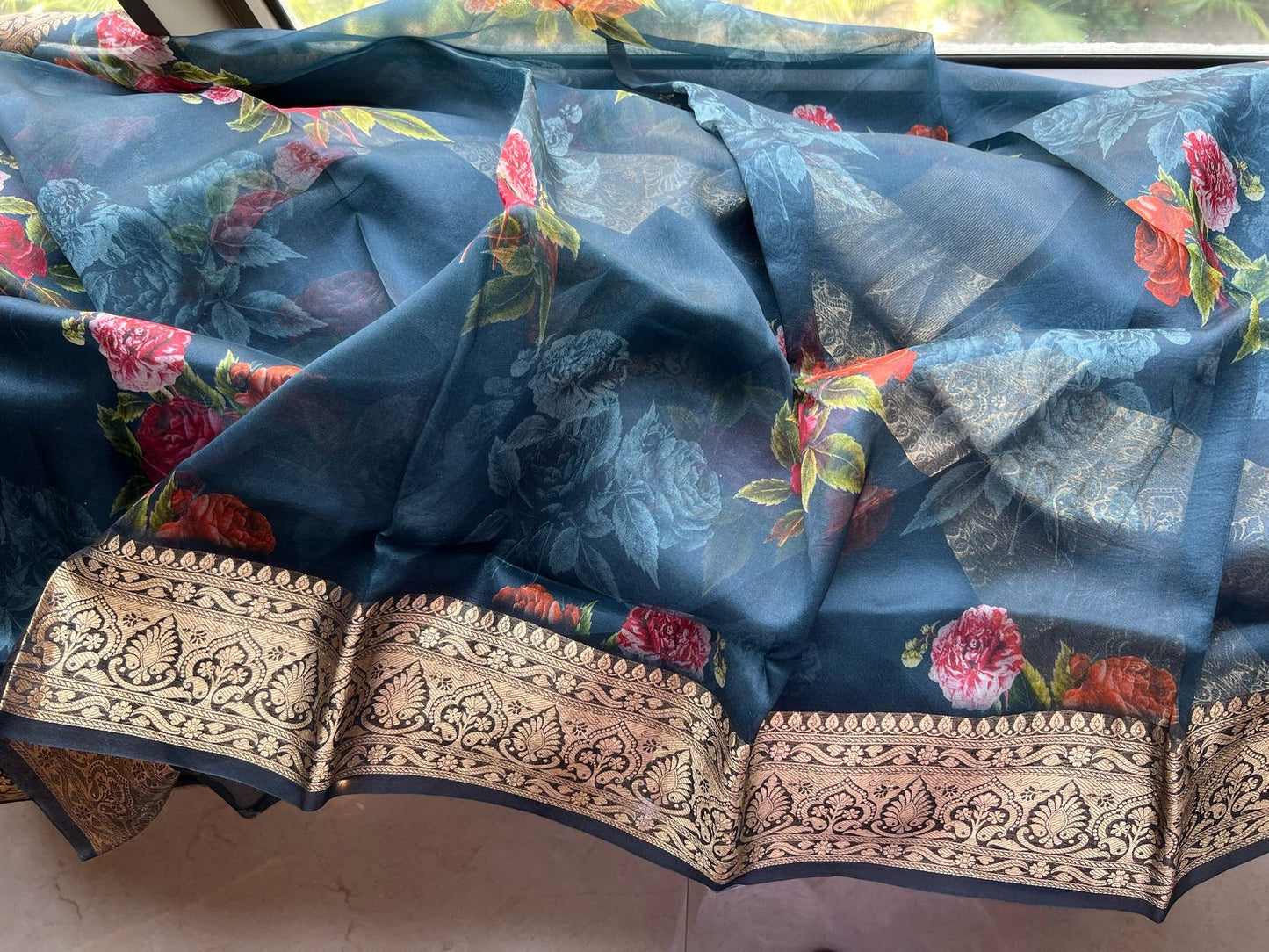 Rashmika organza saree floral saree bordered sari